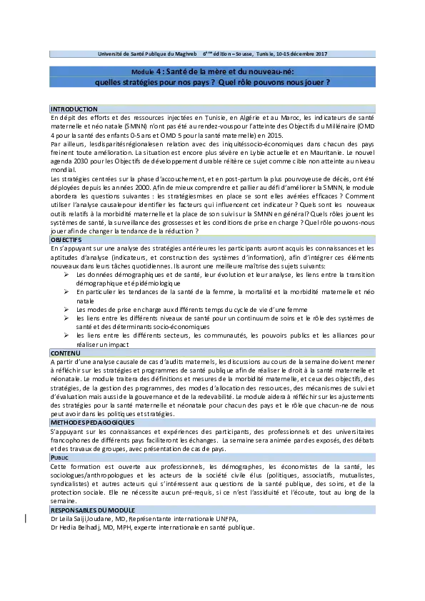  Module 4 : Santé de la mère et du nouveau‐né: quelles stratégies pour nos pays ? Quel rôle pouvons nous jouer ?