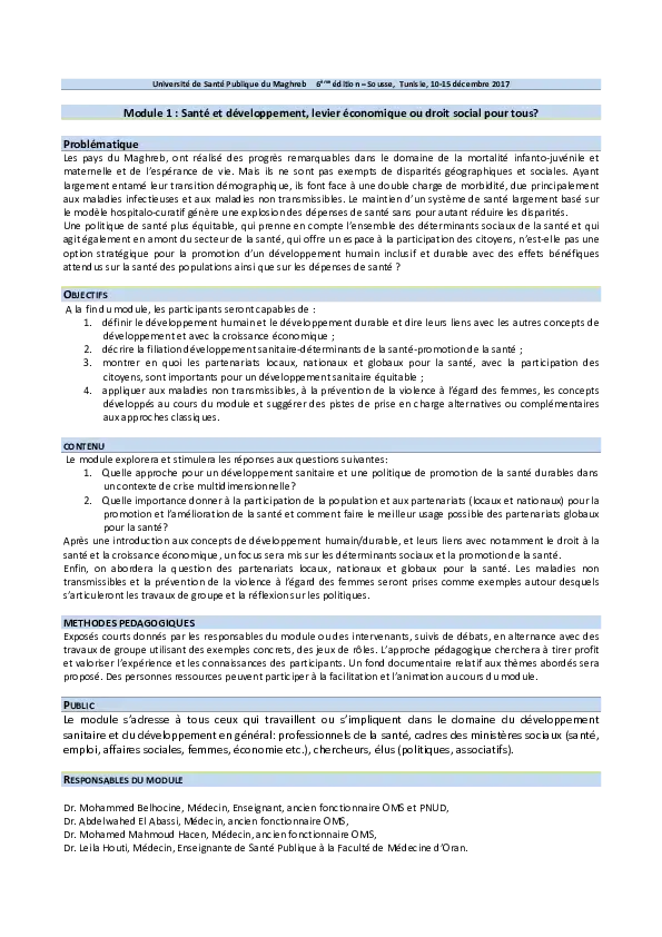 Module 1 : Santé et développement, levier économique ou droit social pour tous?